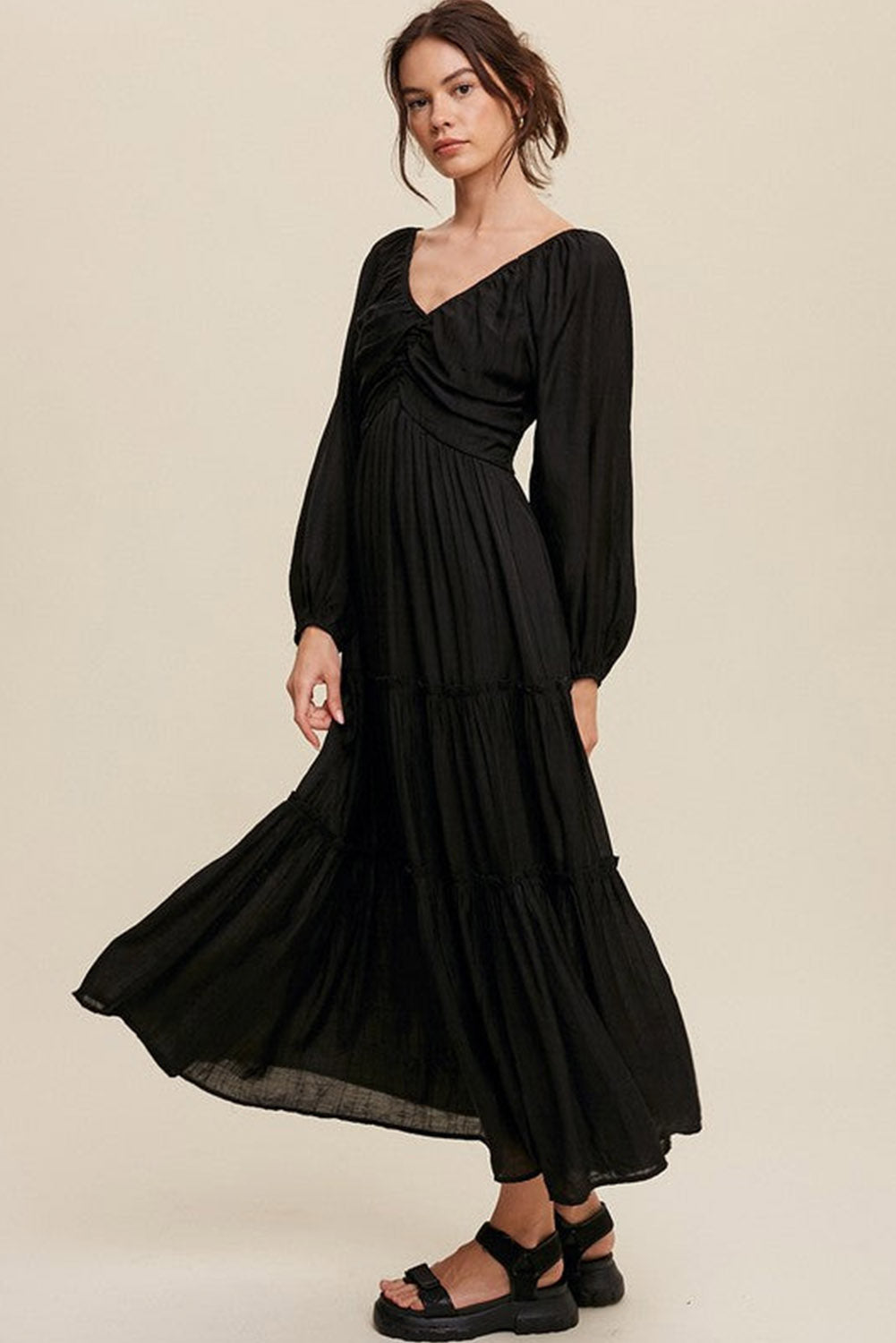 Black V Neck Bowknot Cutout Frill Tiered Maxi Dress - Eloy Royal