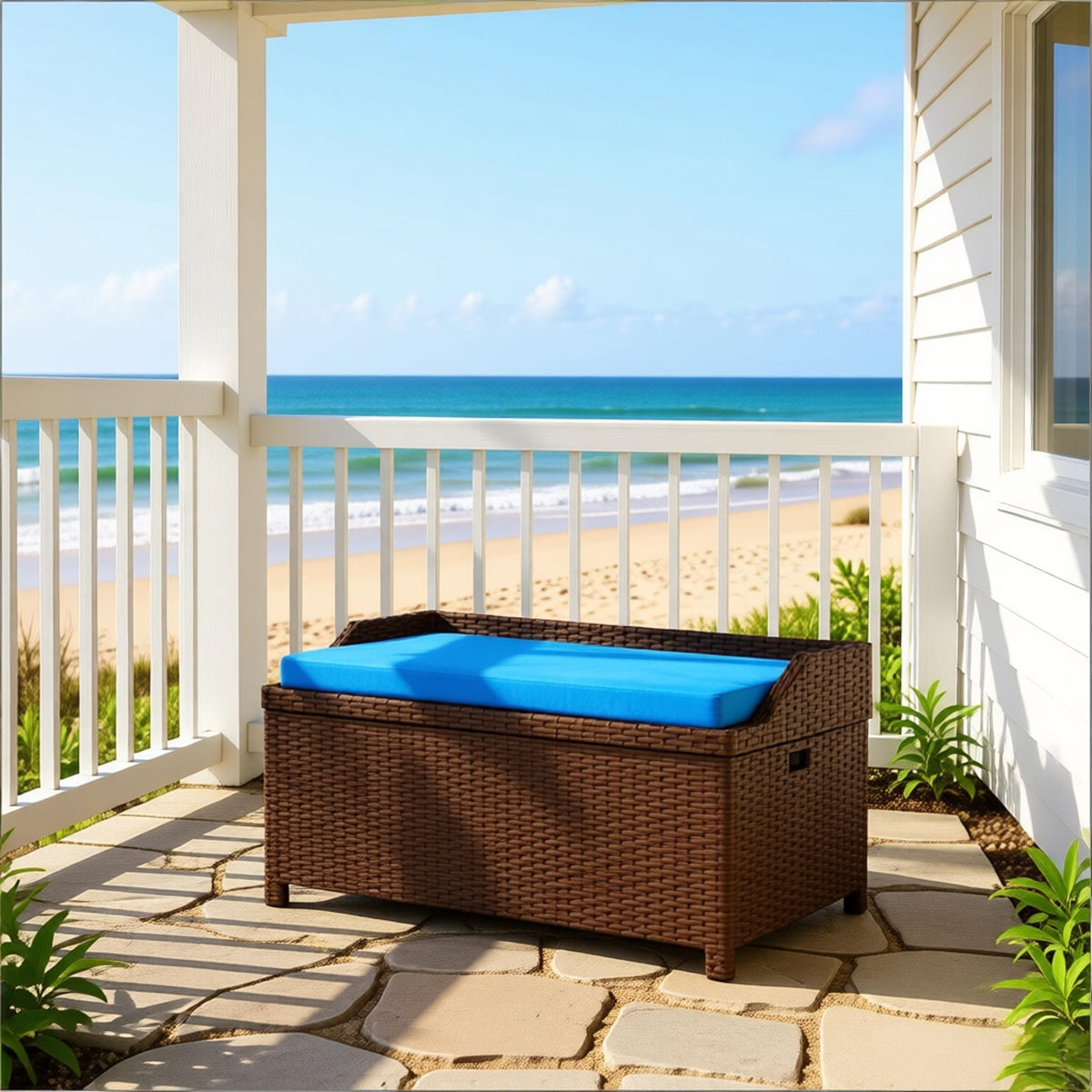 Patio Storage Bench,Garden Storage Bench,Outdoor Wicker Storage Bench