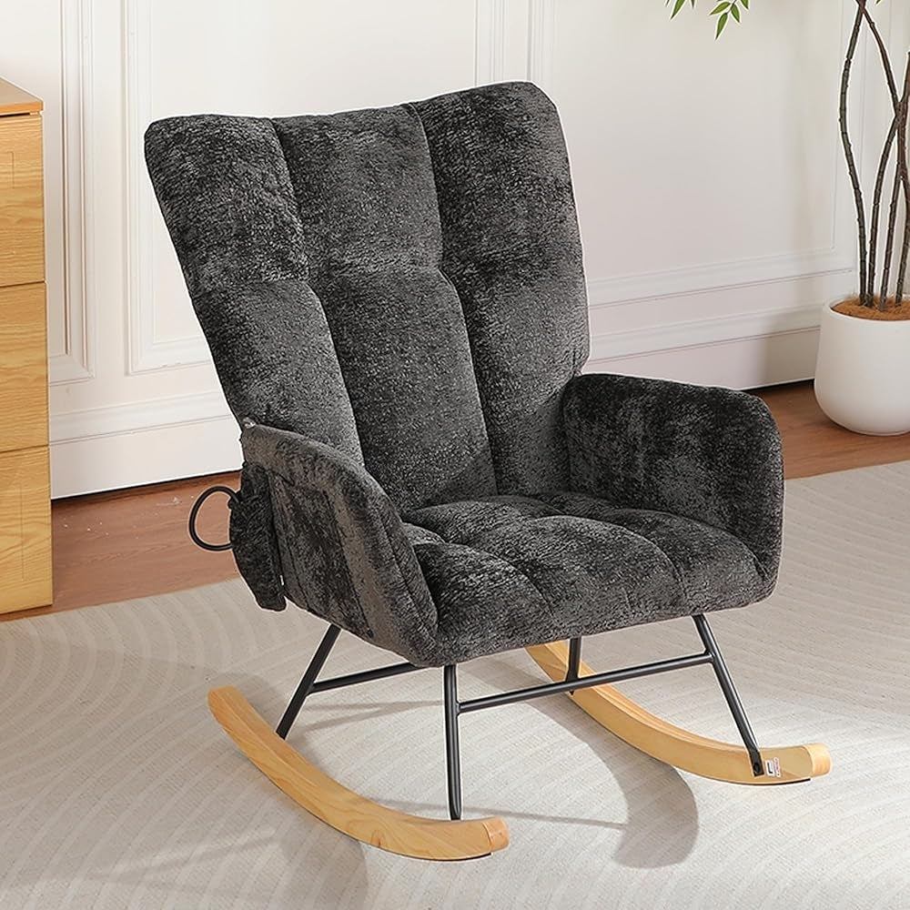 Modern Maternity Nursery Rocking Chair, Chenille Upholstered High Back Glider Nursing Chair with Decorative Side Ring & Airbag Lumbar Support, Comfy Armchair for Baby Room, Living Room & Bedroom .