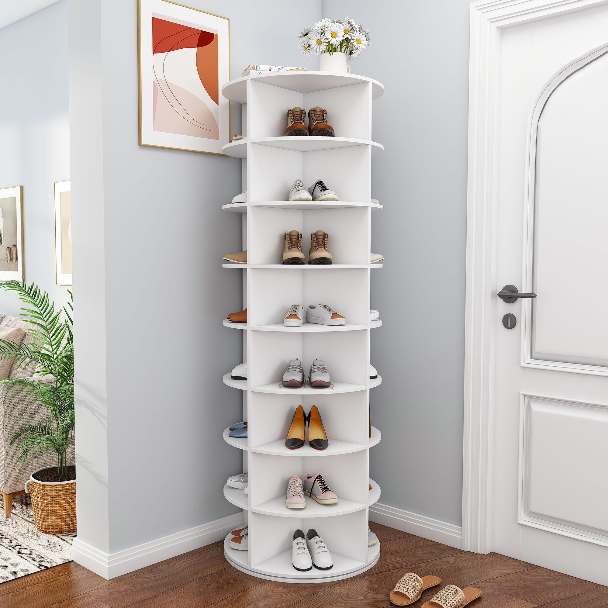Rotating Shoe Rack Tower, 8-Tier Spinning Storage Rack, Free Standing 360° Revolving Shoe Organizer, Holds 32 Pairs of Shoes (8-Tier,White)