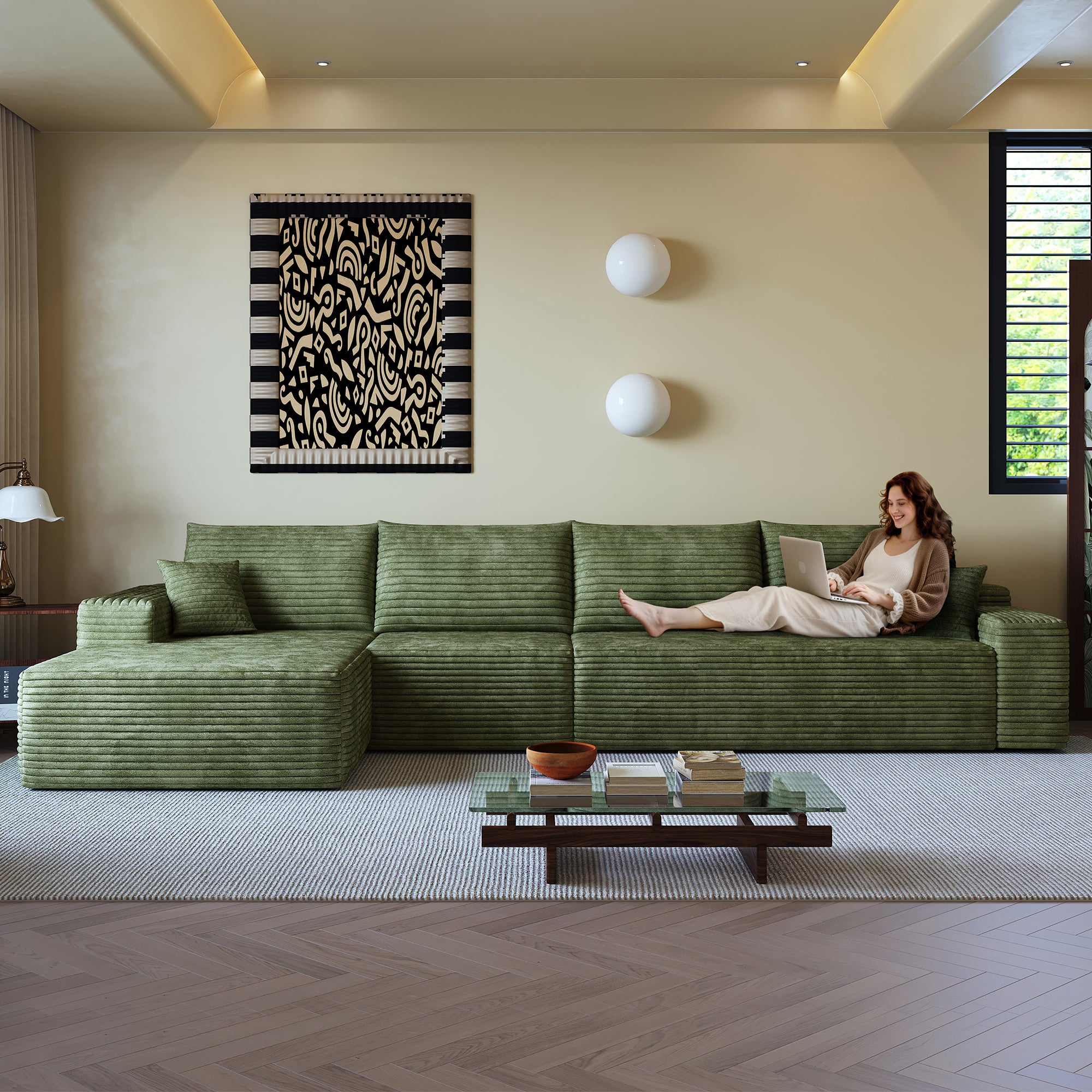 135' Cloud Sectional Couch with L-Shape Chaise,Modern Modular Sofa with Deep Seat, Upholstered Couches for Living Room Bedroom,No Assembly Required, (Plush Corduroy Fabric),Green