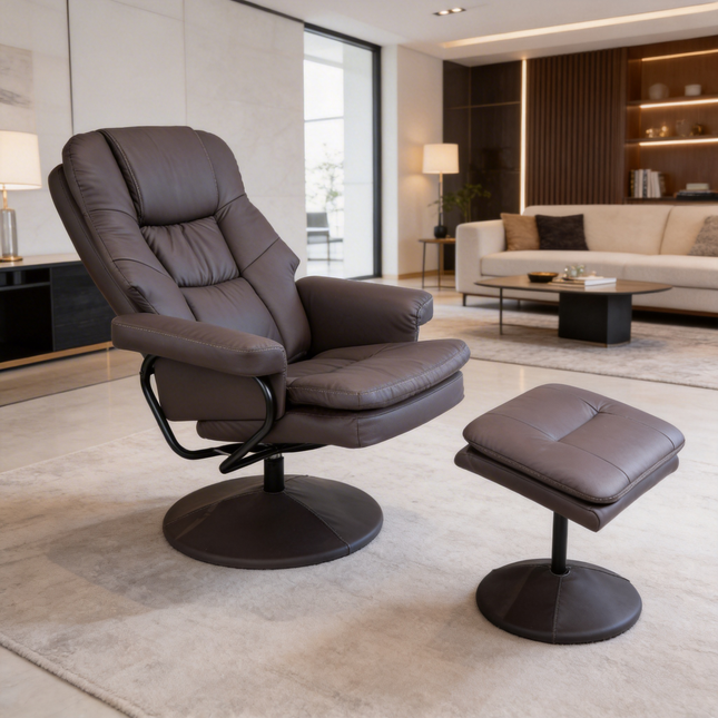 Swivel Cat Scratch Leather Recliner with Ottoman Chair Modern Armchair Ergonomic Push Manual Reclining Footrest Upholstered Bedroom Living Room Reading Home Relax Office, Brown