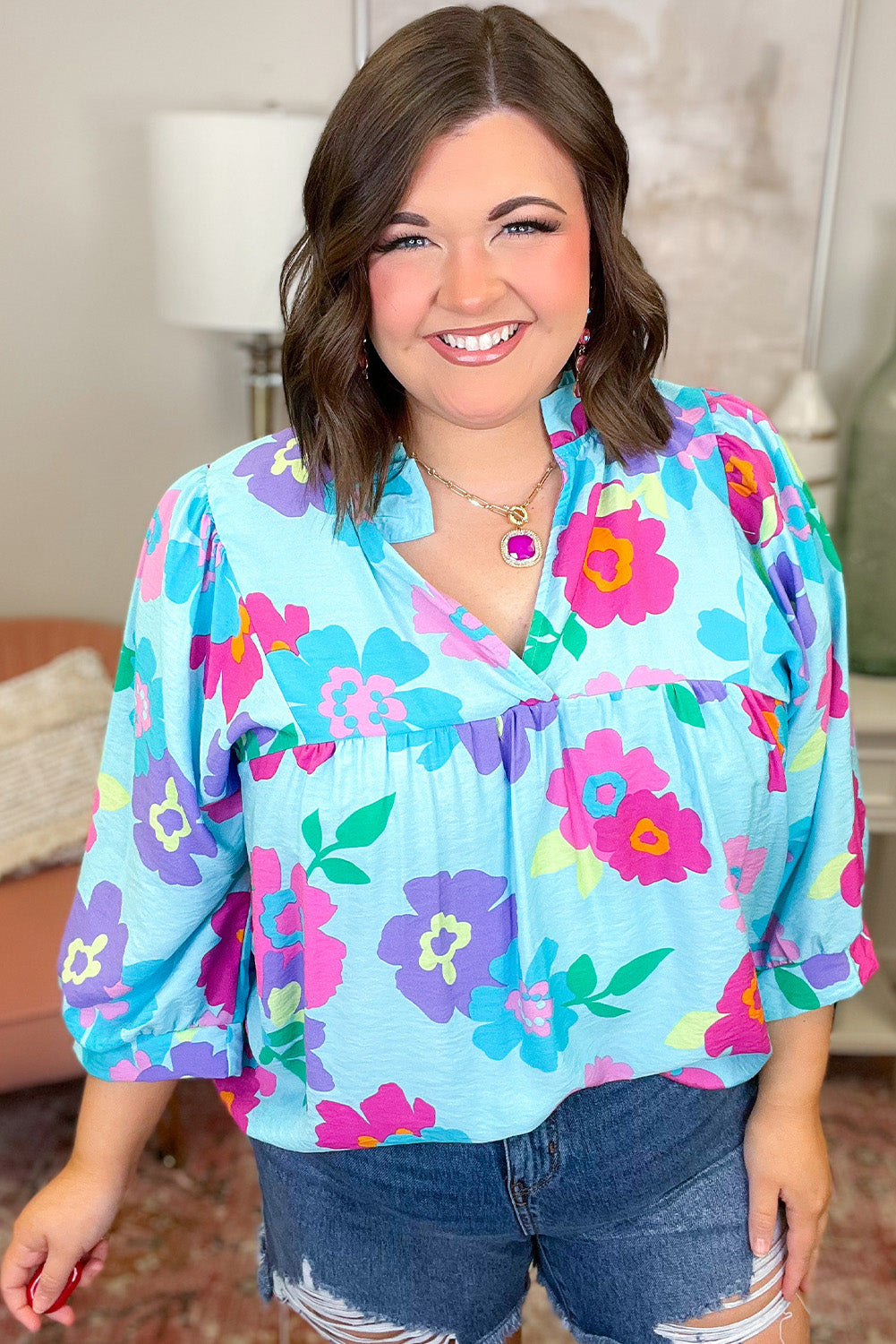 Light Blue Plus Size Floral Print Notched V Neck Babydoll Blouse - Eloy Royal