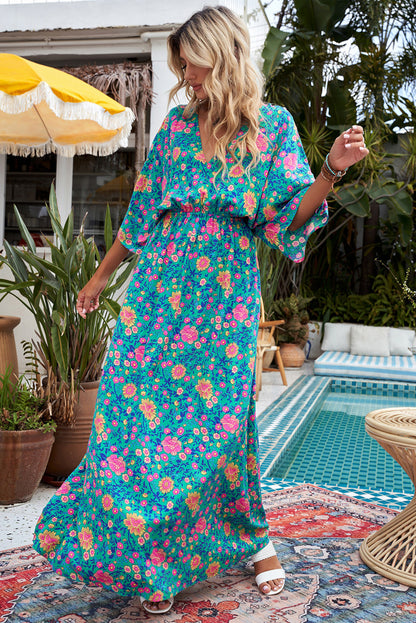 Floral Print Deep V Neck Flutter Sleeve Boho Maxi Dress - Eloy Royal