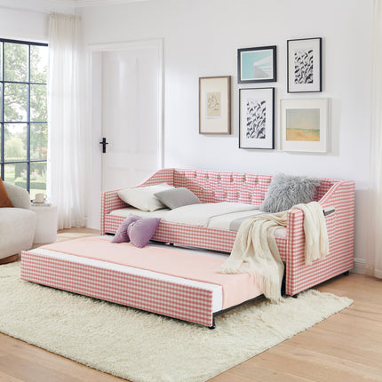 Twin‑Size Daybed,Upholstered Convertible Daybed with Tufted Button Backrest, 3‑in‑1 Versatile Sofa Bed with Pull‑Out Trundle & Side Storage, Perfect for Compact Living-Pink