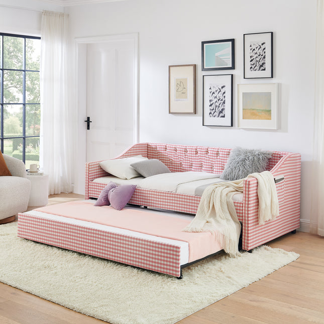 Twin‑Size Daybed,Upholstered Convertible Daybed with Tufted Button Backrest, 3‑in‑1 Versatile Sofa Bed with Pull‑Out Trundle & Side Storage, Perfect for Compact Living-Pink