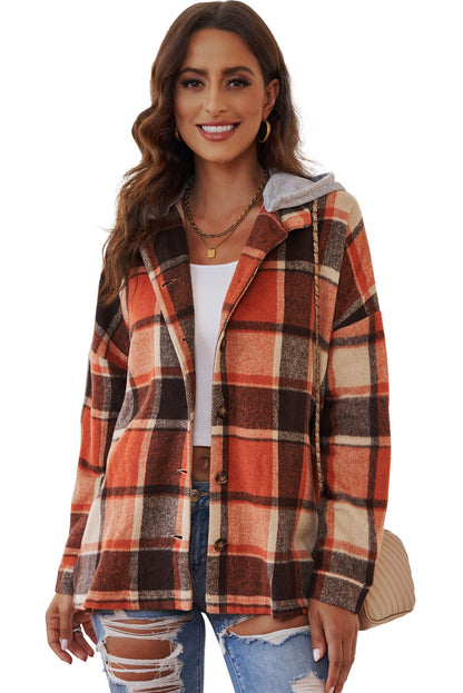 Orange Plaid Button Front Hooded Shacket - Eloy Royal