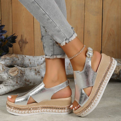 Summr Shiny Sandals Hollow Design Fish Mouth Sandal For Women Fashion Buckle Wedges Shoes - Eloy Royal