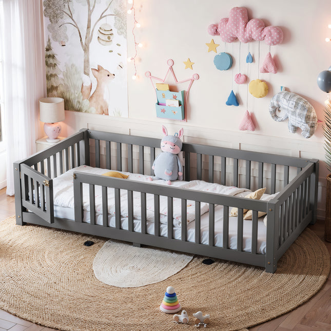 Twin Size Bed Floor Bed with Safety Guardrails and Door for Kids, Gray