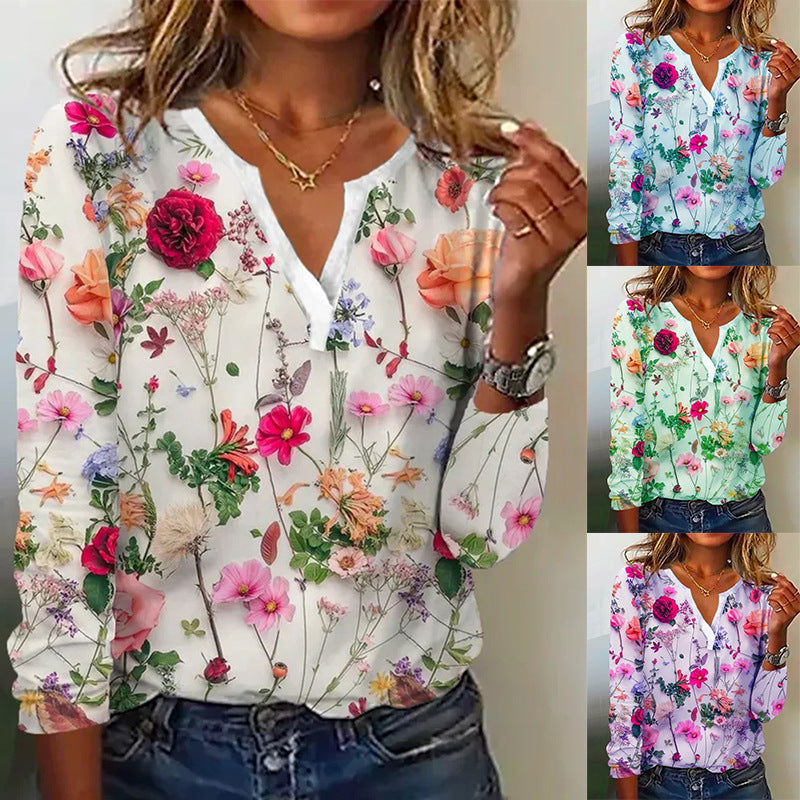 Women's Printed V-neck Long-sleeved T-shirt Top