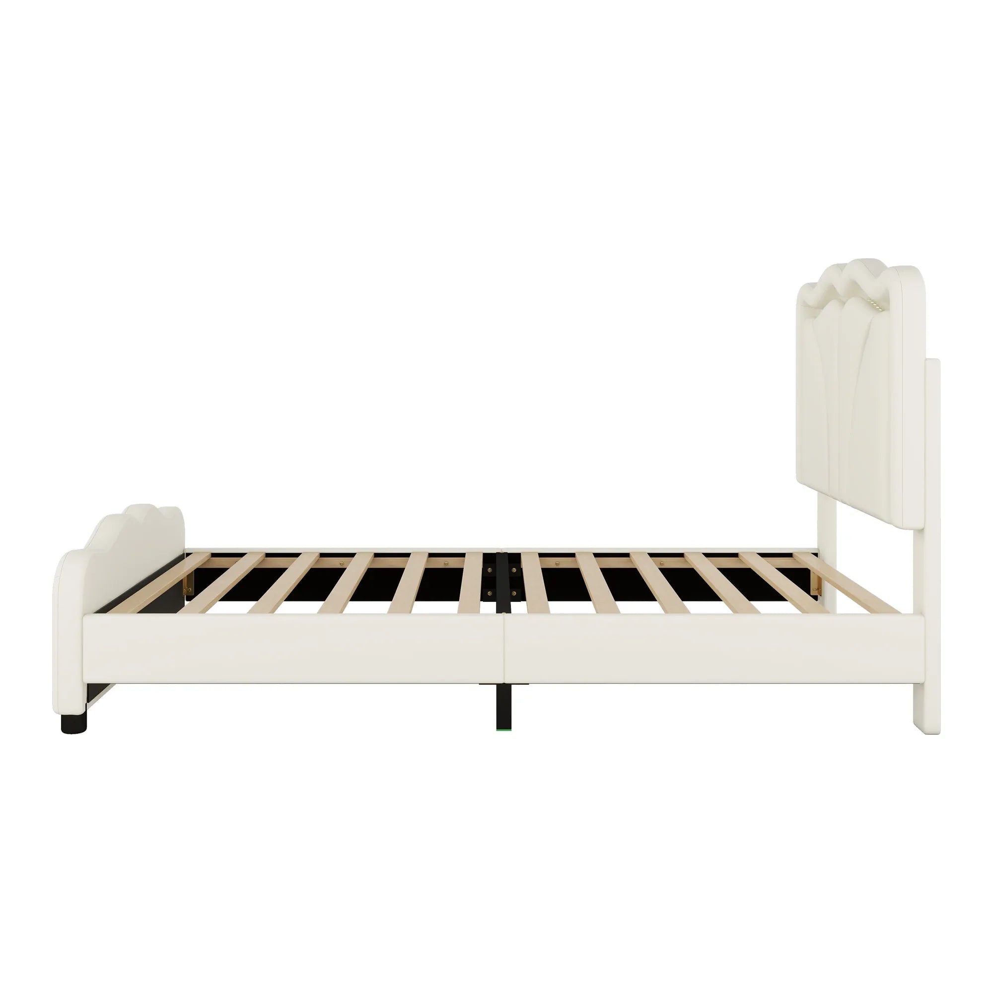 Twin Size Upholstered Platform Bed with Curved Adjustable Headboard and LED Lights, White, Pine Wood MDF PU - Eloy Royal