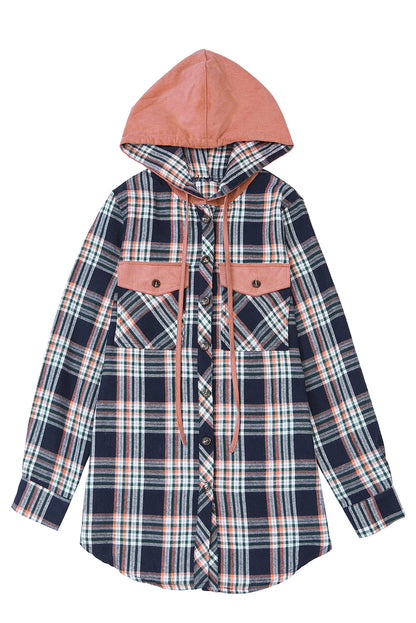 Wholesale Pink Plaid Contrast Hooded Drawstring Shacket - Eloy Royal