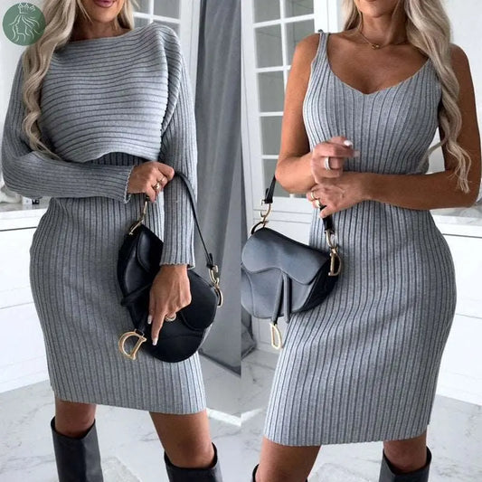 2pcs Suit Women's Solid Stripe Long-sleeved Top And Tight Suspender Skirt Fashion Autumn Winter Slim Clothing - Eloy Royal