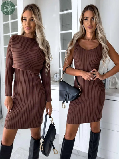 2pcs Suit Women's Solid Stripe Long-sleeved Top And Tight Suspender Skirt Fashion Autumn Winter Slim Clothing - Eloy Royal