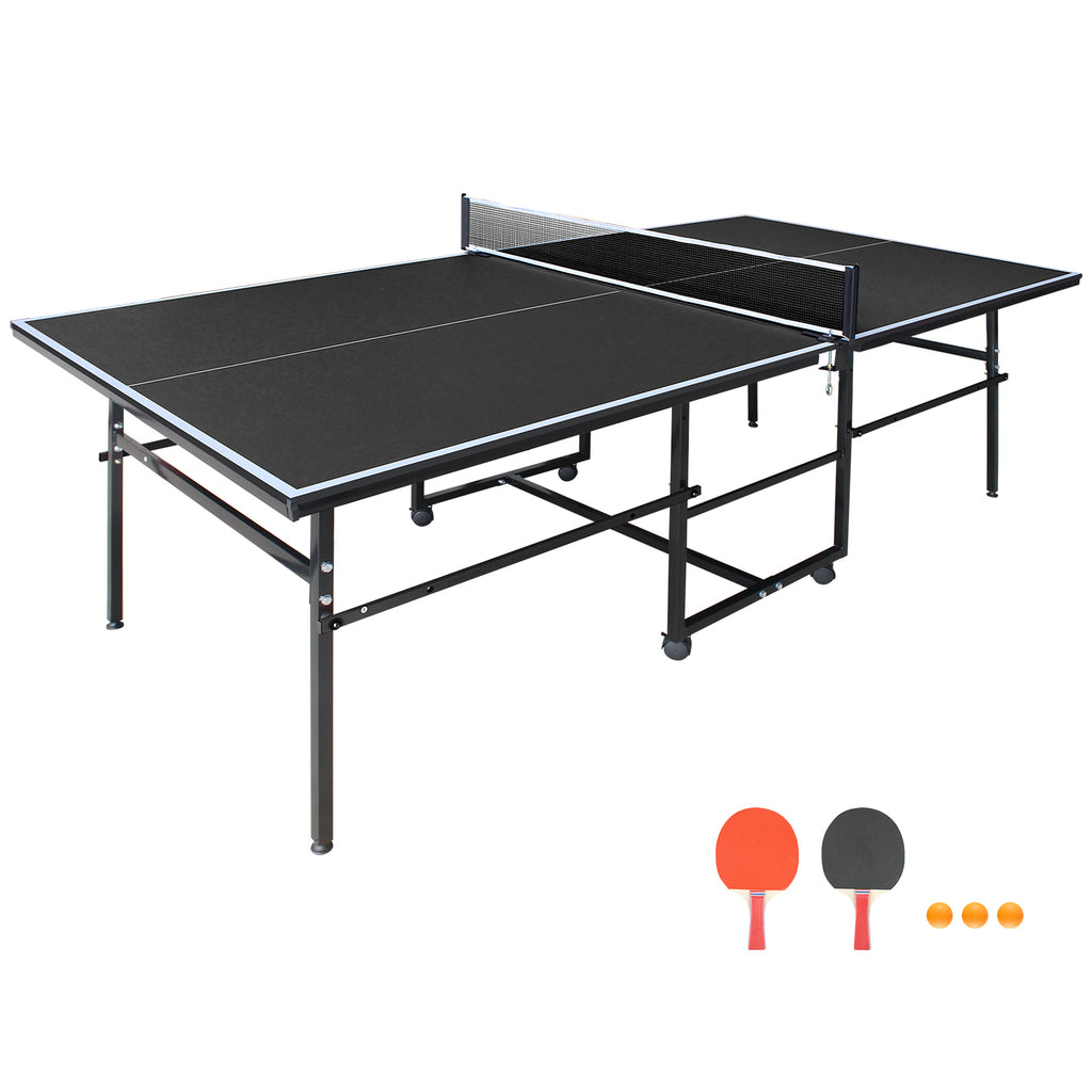 8.5*4. 3ft Black Mid-Size Table Tennis Table Foldable & Portable Ping Pong Table Set for Indoor Games with Net, 2 Table Tennis Paddles and 3 Balls