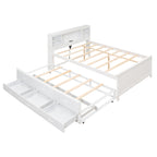 White Full Size Platform Bed with Storage Headboard, USB Ports, Twin Trundle, 3 Drawers, Solid Wood+MDF Construction