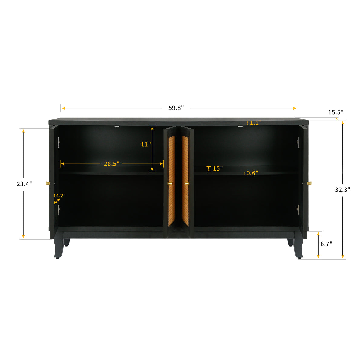 Kristoff Rattan Four-Door Sideboard, Dark Grey, 60 in
