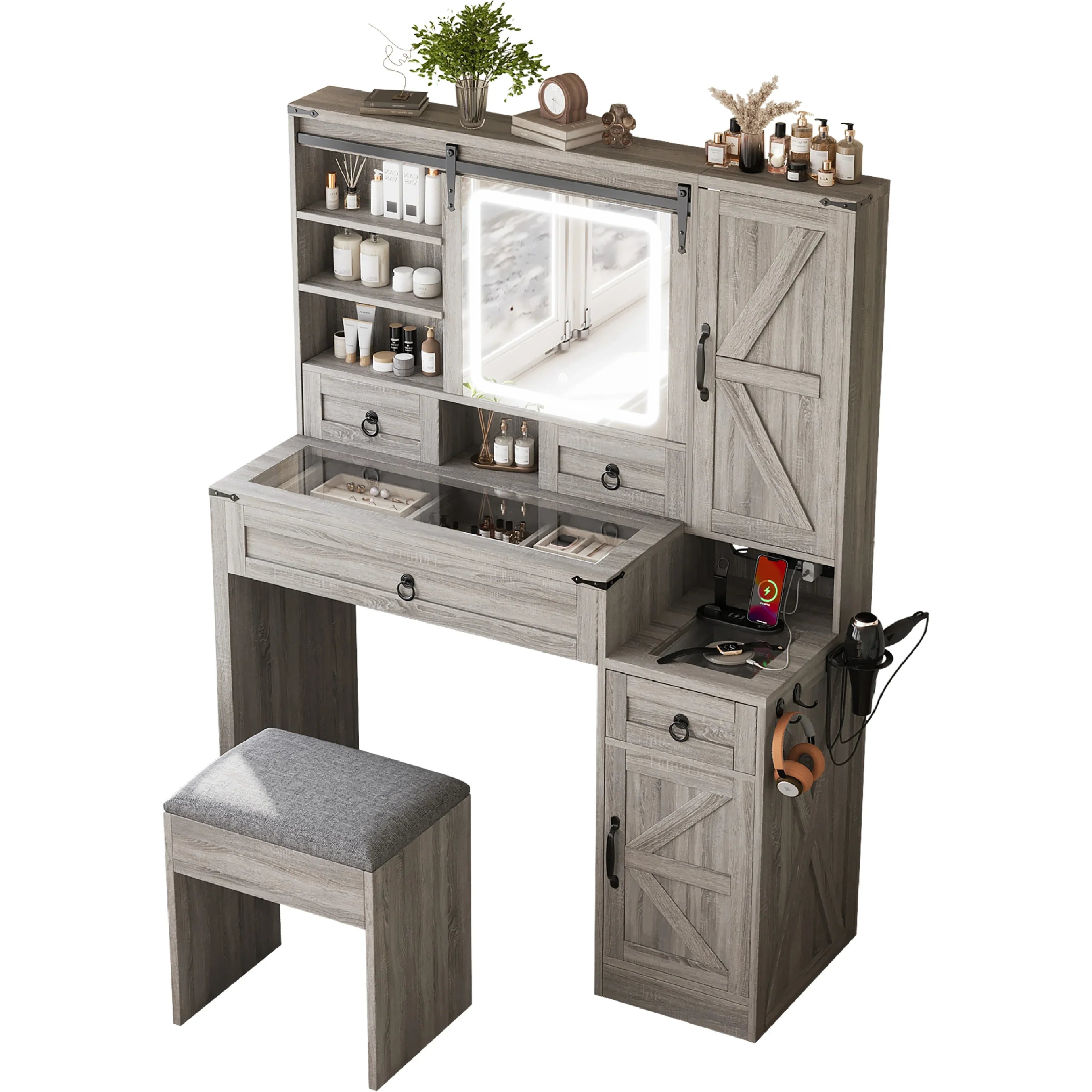 Farmhouse Vanity Desk with Sliding Mirror and Lights, Vanity Set with Glass Top and Charging Station ,Dressing Table with 4 Drawers and 2 Cabinets, Dressing Table with Stool for Bedroom, Gray - Eloy Royal
