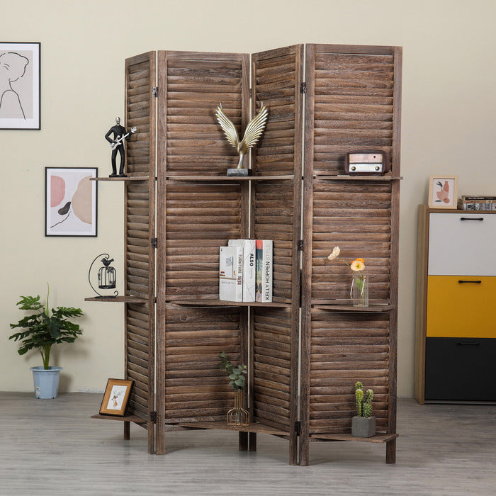 4 Panel Rustic Shutter Style Room Divider with Removable Corner Shelves, Wood Frame Foldable Room Divider, Light Brown