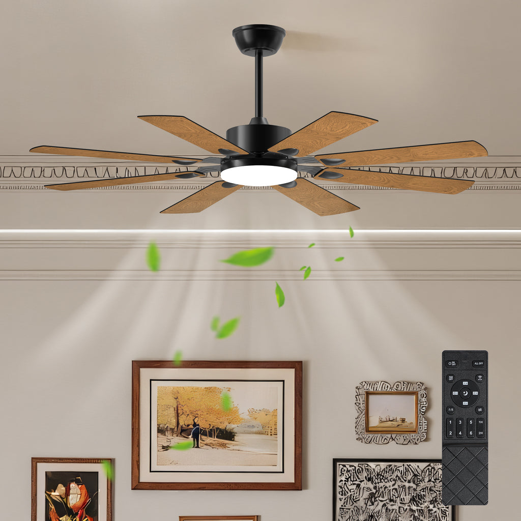 52 Inch Ceiling Fan with Lights and Remote Control, 8 Plywood Blades, 6-Speed Noiseless Reversible DC Motor, 3CCT, Windmill Ceiling fan for Kitchen Bedroom Living Room, Black