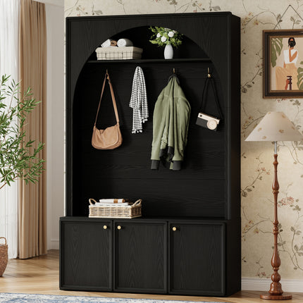 ON-TREND Farmhouse All-in-One Hall Tree with Adjustable Shelves, Retro Arched Entryway Storage Bench with 3 Cabinets, Wooden Coat Rack Organizer with 4 Golden Hooks for Mudroom, Hallway, Black
