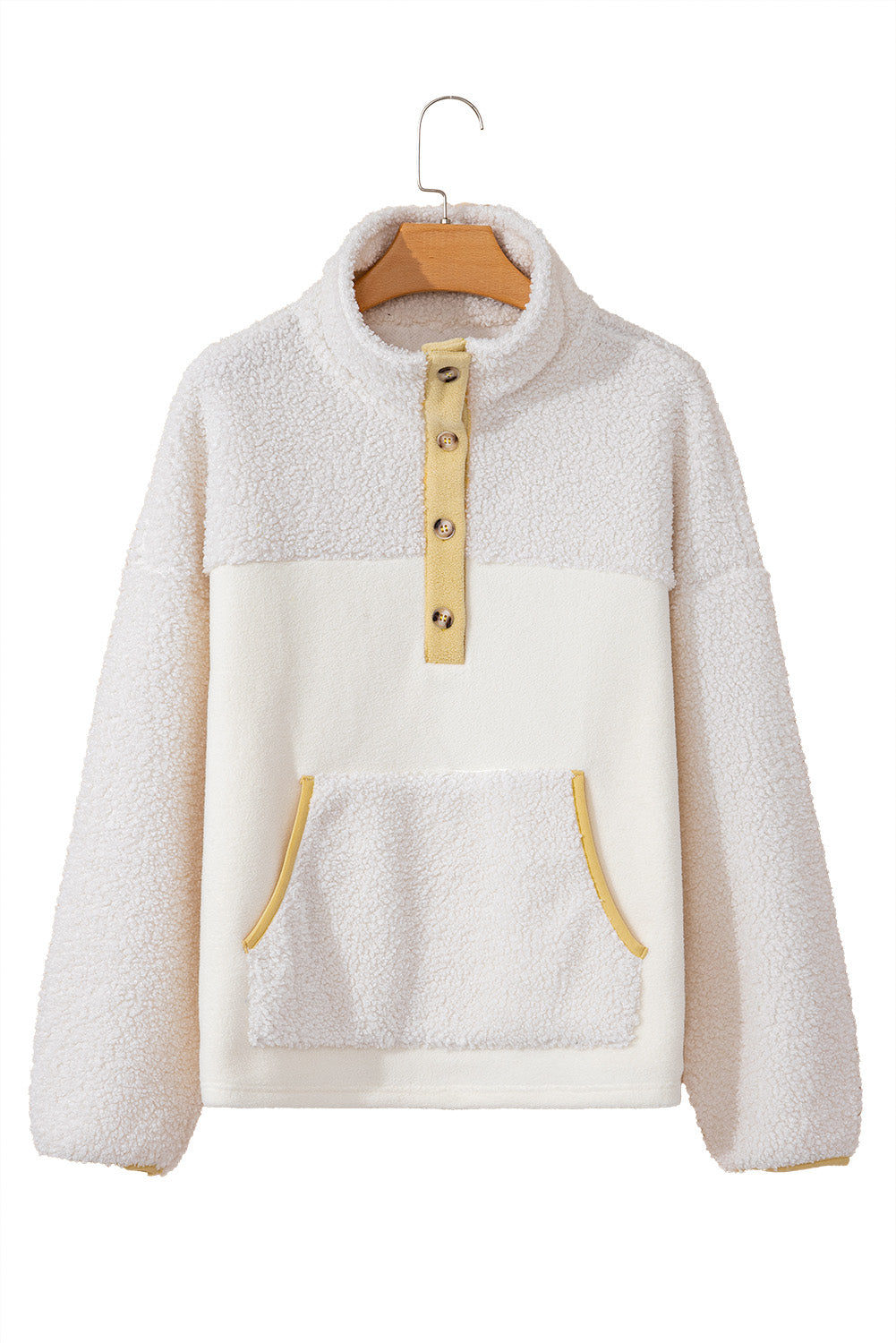 Beige Fleece Colorblock Trim Buttons Collar Sweatshirt with Pocket