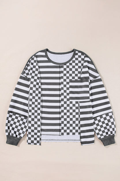 Black Checkered Striped Patchwork Lantern Sleeve Top