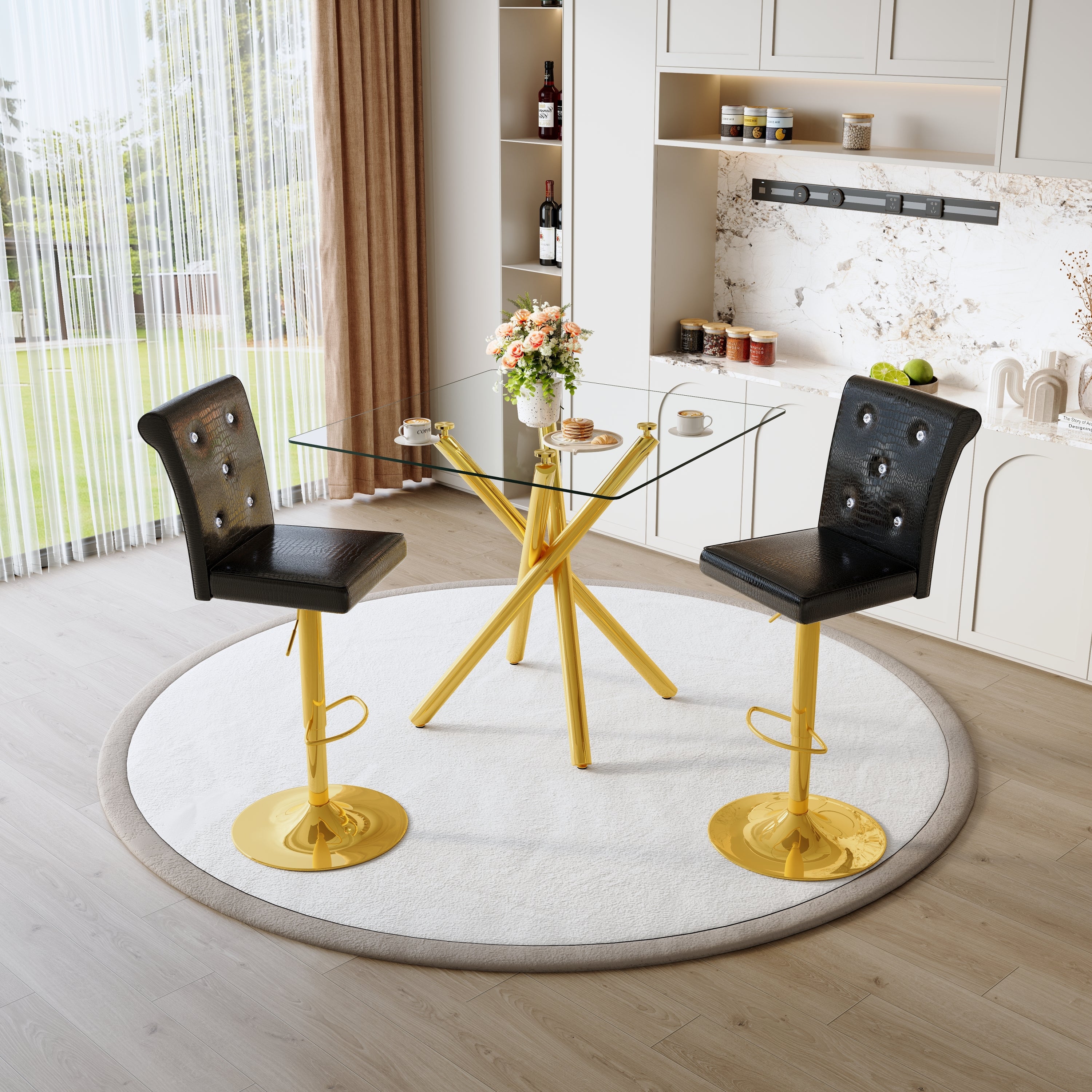 Modern Glass Bar Table and Adjustable Bar Stools Set of 2, Contemporary Counter Height Pub Table with Gold Chrome Legs, Black PU Leather Swivel Bar Chairs for Kitchen Island, Home Bar, Small Space