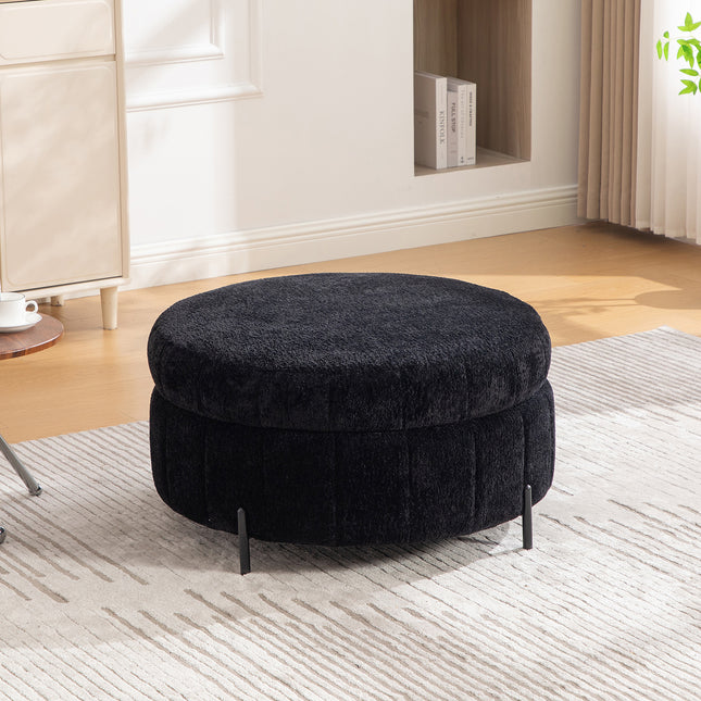 31.3'W Upholstered Round Ottoman With Reversible Lid, Chenille Storage Stool, Channel Tufted Pumpkin-shape Footstool for Living room, Bedroom and Office, Black