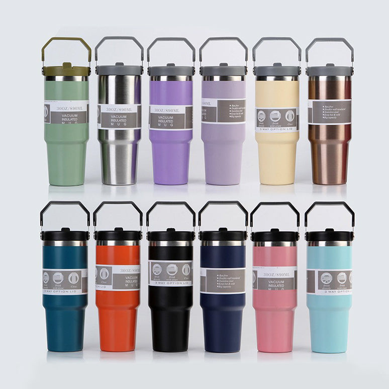 Portable Car Cup Stainless Steel Cup Travel Sports Water Bottle With Handle Cover Coffee Tumbler Cup - Eloy Royal