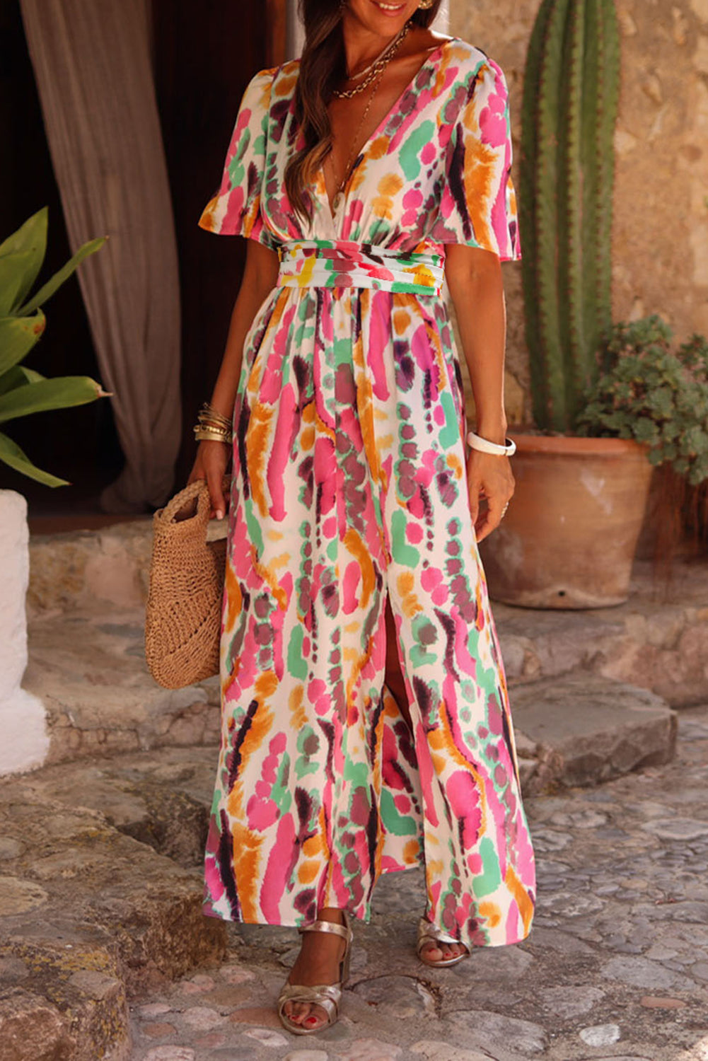 Pink Boho Tie Dye Print V Neck Side Split Maxi Dress - Eloy Royal