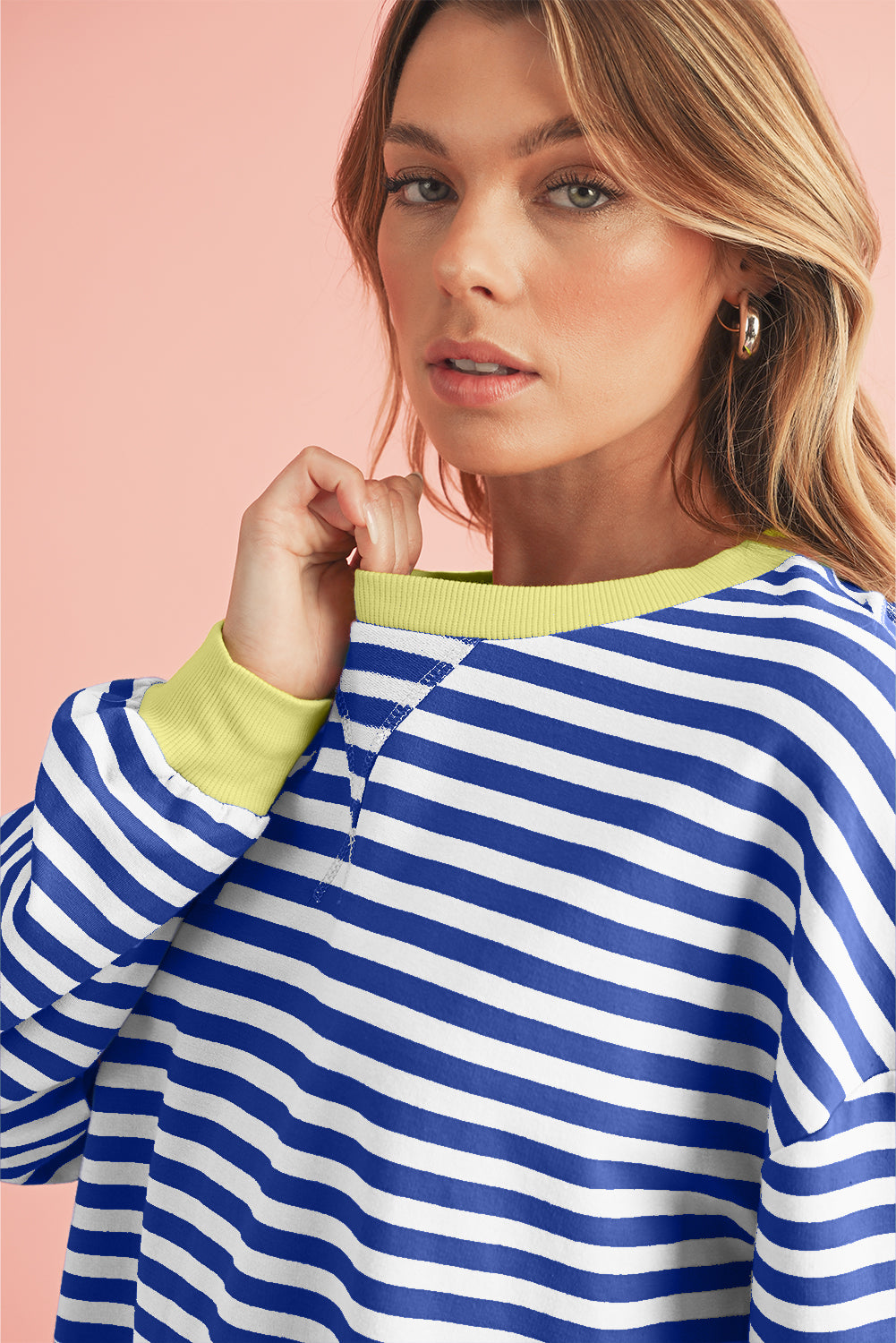 Green Stripe Contrast Edge Oversized Sweatshirt