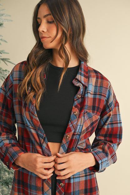 Red Plaid Print Drop Sleeve Loose Shirt