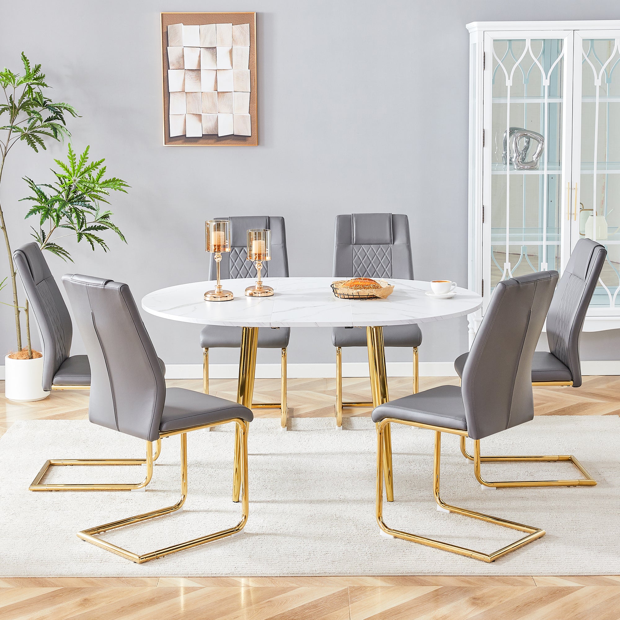 Table and chair set.Extendable MDF Dining Table.The pull-out table is ideal for a wide range of families,suitable for gatherings of different size.Paired with 6 Dark Gray Chairs With Gold Metal Legs.