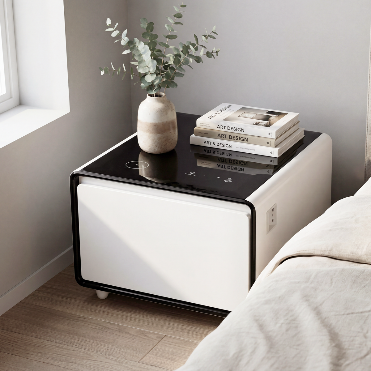 Modern Smart Side Table with Fridge, Wireless Charging, Temperature Control, Power Socket, USB Ports, Outlet Protection, Induction Light, White