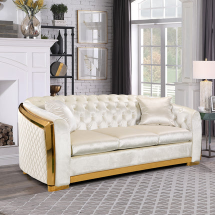 Velvet Luxury Chesterfield Sofa Set, 81 Inches Tufted 3 Seat Couch with Gold Stainless for Living Room, Beige Fabric