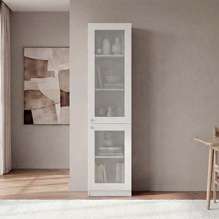 Tall Bookcase 71' H with 2 Fluted Panel Doors and Five Interior Shelves, White