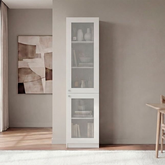 Tall Bookcase 71' H with 2 Fluted Panel Doors and Five Interior Shelves, White