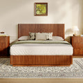 Queen Size Bed Frame with LED Lights, Modern Wooden Corrugated Curved Lines, Convex Groove Board Design, Walnut.