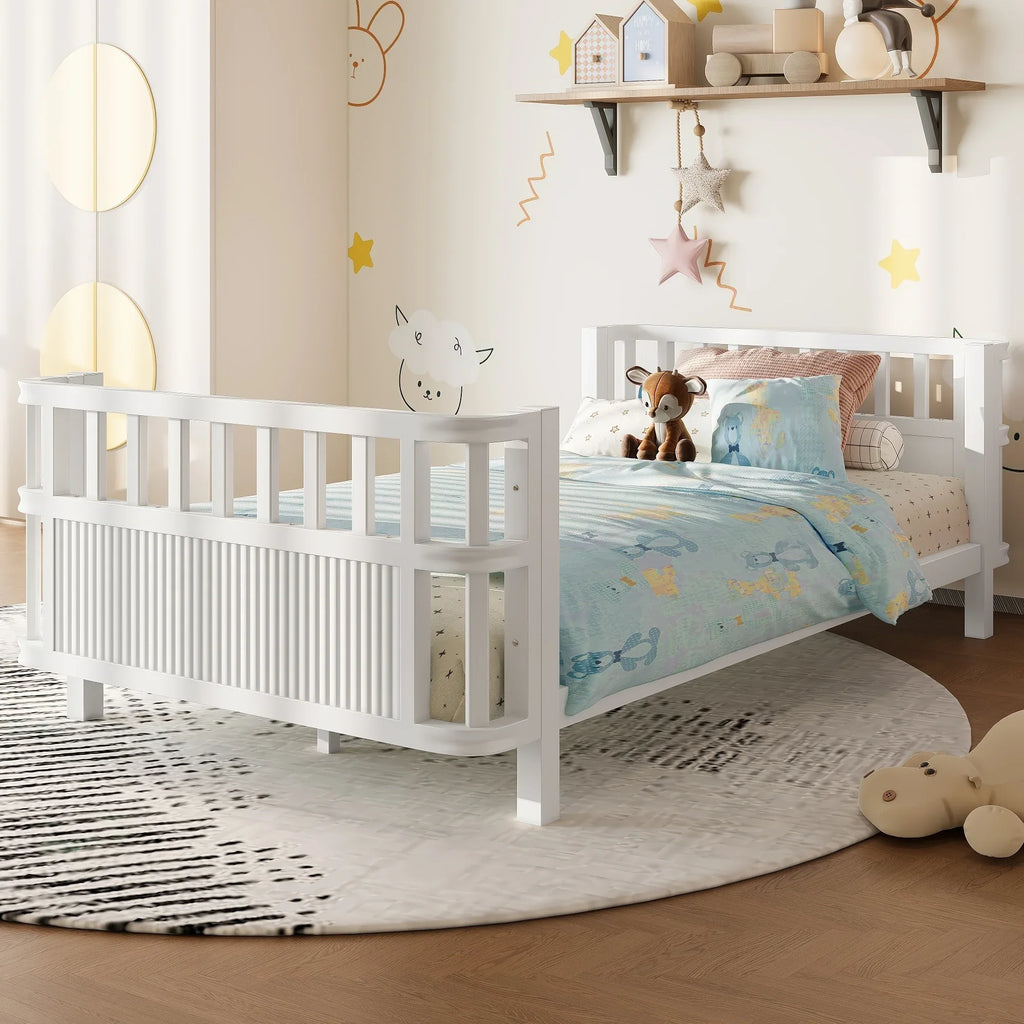 Children's double wooden platform bed with railings, a low iron double bed with railings, suitable for girls and boys, (Twin,White) - Eloy Royal
