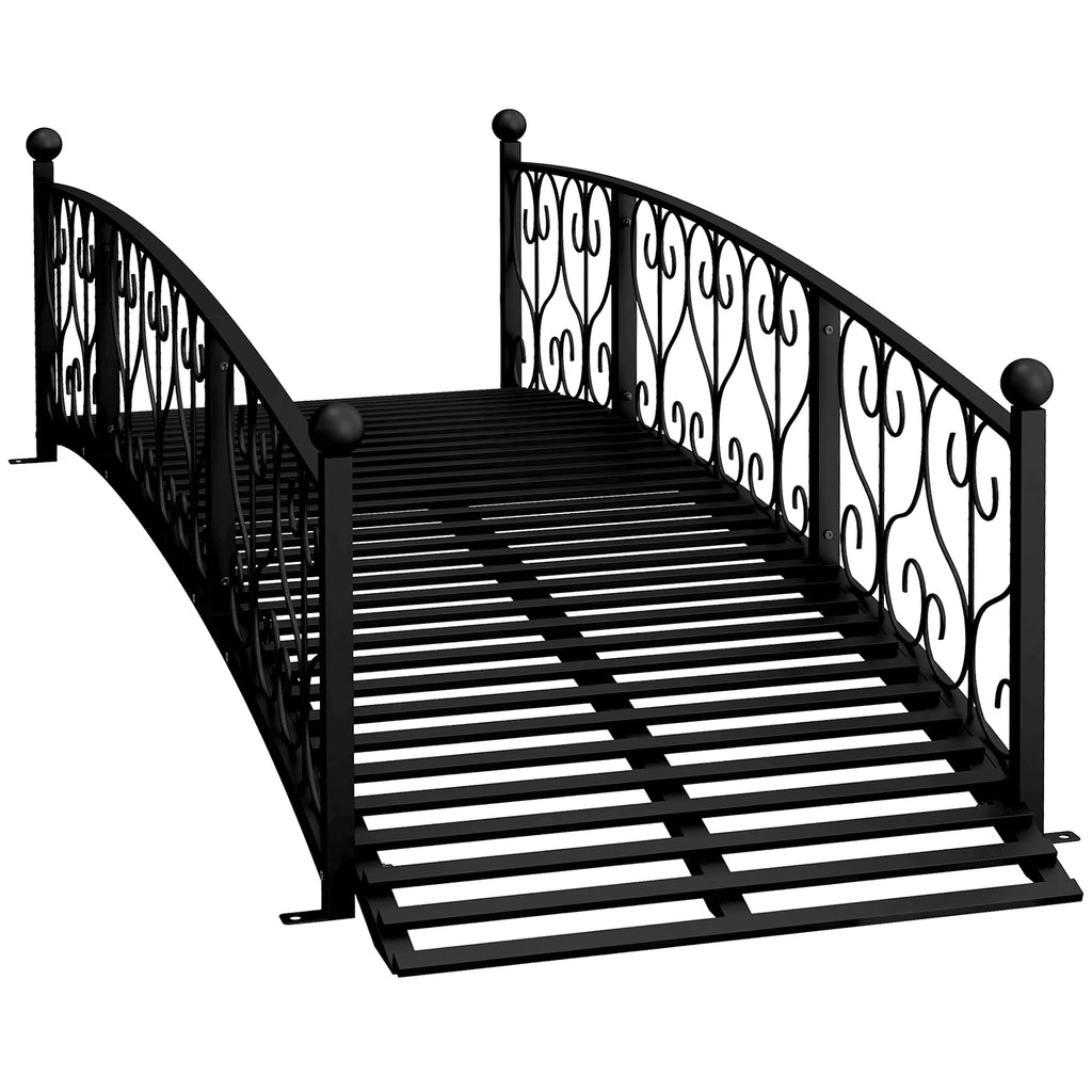 Outsunny 7' Metal Arch Garden Bridge with Safety Siderails, Decorative Arc Footbridge with Delicate Scrollwork 'S' Motifs for Backyard Creek, Stream, Fish Pond, Black
