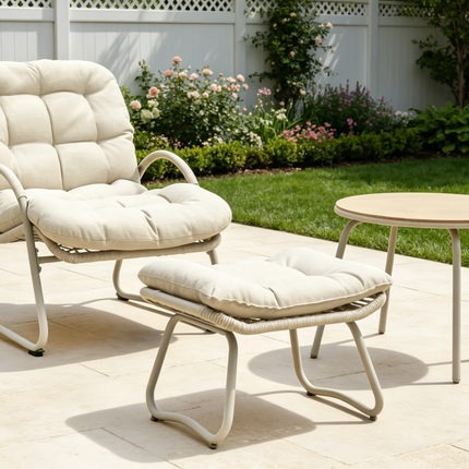 3-Piece Off-White Woven Rope Patio ,Lounge chair with ottoman and small table,Comfy Reading Chair Set, Ergonomic Lounge Chair for  or Office, Outdoor Pool, Beach, Patio- Beige