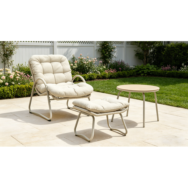 3-Piece Off-White Woven Rope Patio ,Lounge chair with ottoman and small table,Comfy Reading Chair Set, Ergonomic Lounge Chair for  or Office, Outdoor Pool, Beach, Patio- Beige