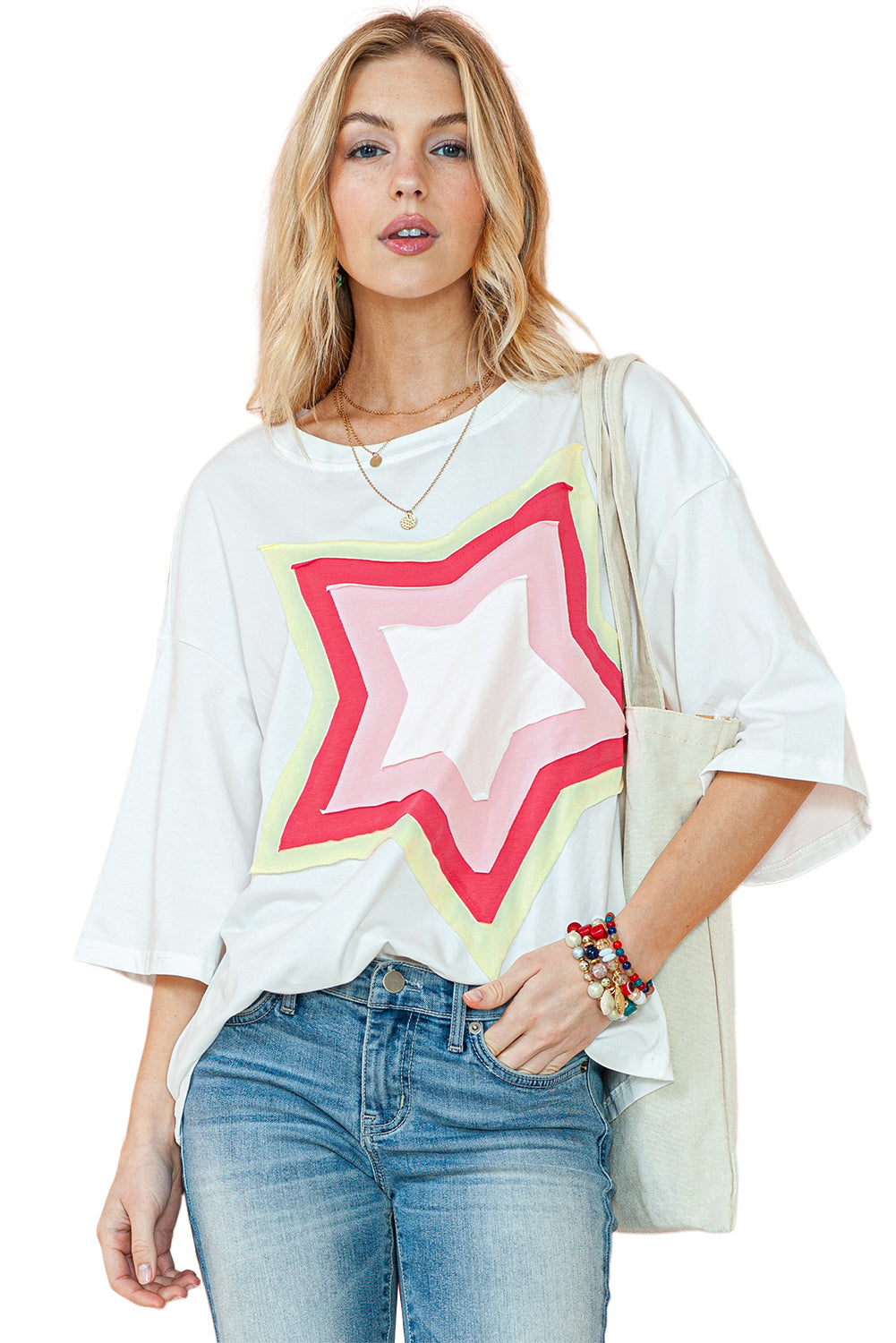 Light Pink Colorblock Star Patched Half Sleeve Oversized Tee - Eloy Royal