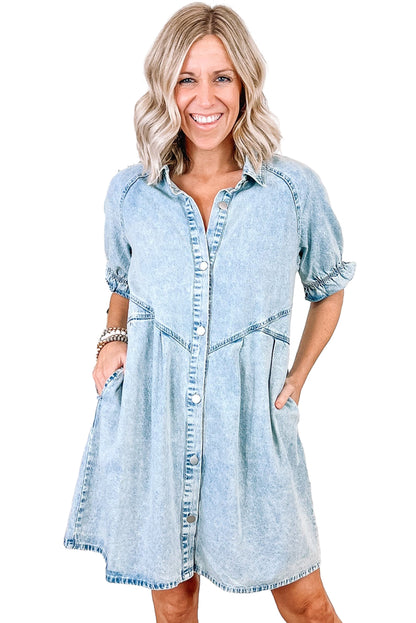 Blue Mineral Washed Ruffled Short Sleeve Pocketed Denim Dress - Eloy Royal