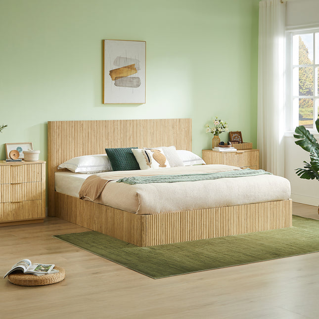 King Size Lift Up Storage Bed Frame, Wooden corrugated curved lines, Hydraulic Storage/No Box Spring Needed, Oak. (Old SKU: 
W1820S00029)