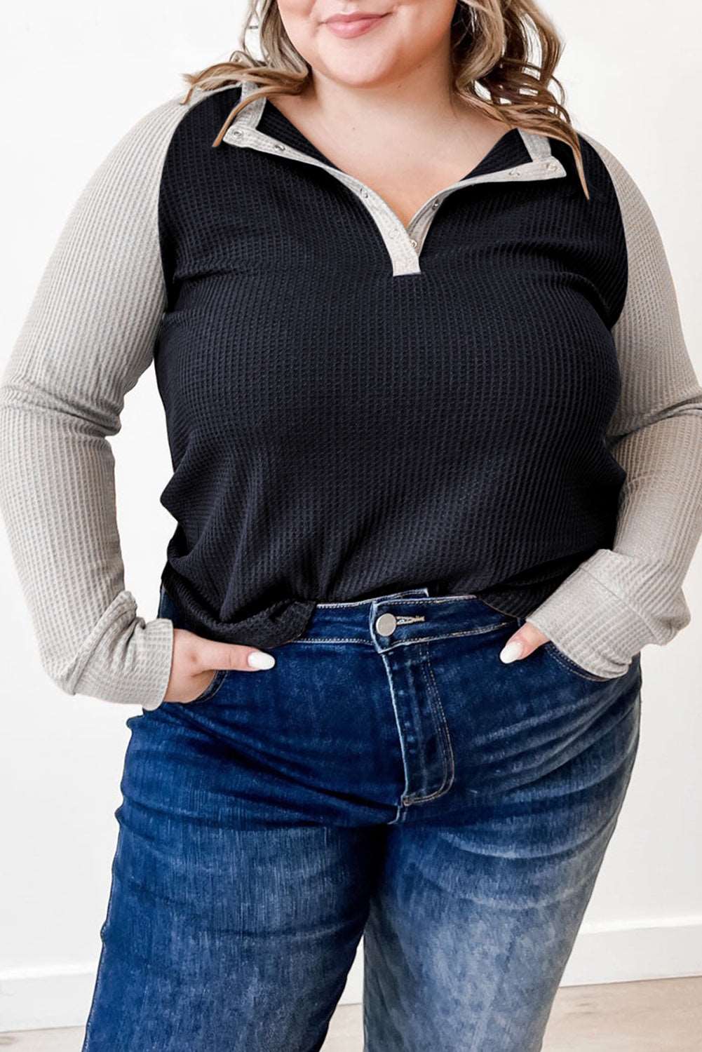 Black Plus Size Contrast Waffle Knit Henley Long Sleeve Top