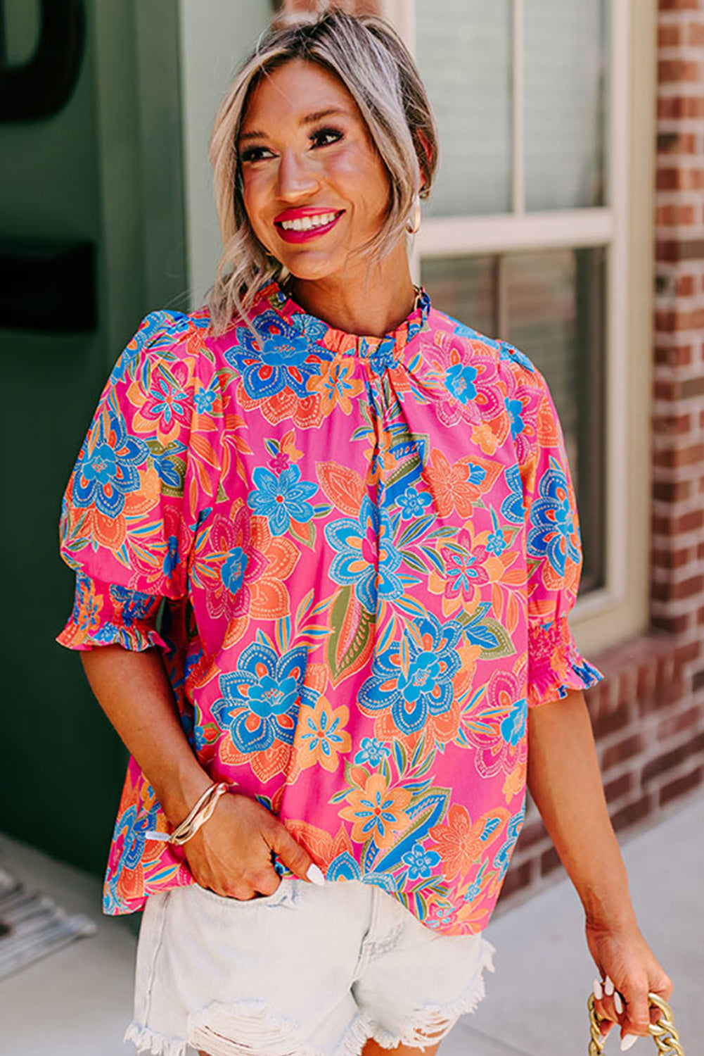 Rose Frill Neck Puff Sleeve Boho Floral Blouse - Eloy Royal