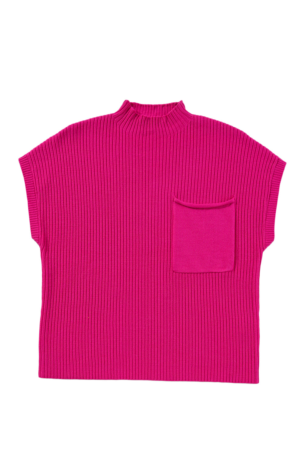 Pink Patch Pocket Ribbed Knit Short Sleeve Sweater