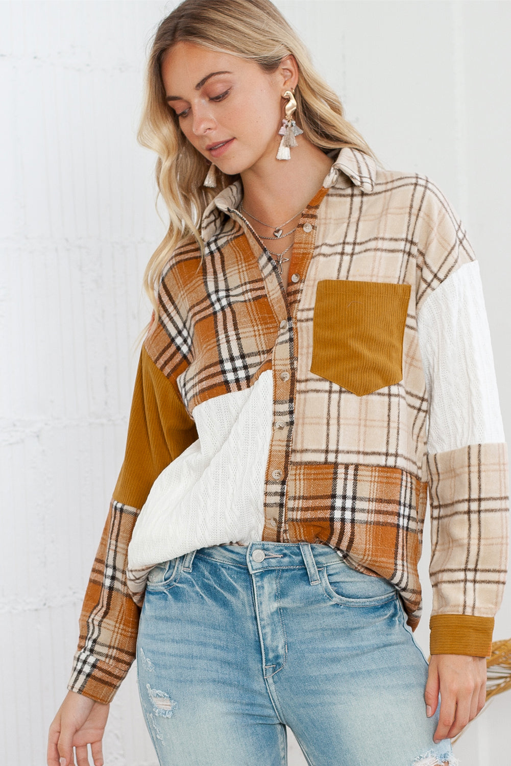 Wholesale Orange Plaid Color Block Patchwork Pocket Shirt Shacket - Eloy Royal